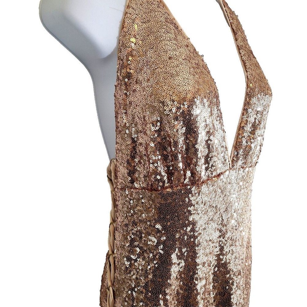 Fashion Nova Talin Sequin Maxi Dress Size L Rose Gold NYE Laced Sides Slit